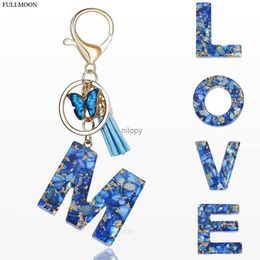 Keychains Lanyards Blue Butterfly 26 Initials Keychain Cute A-Z Letter Keyring with Tassel Pendant for Women Girls Purse Handbags Charm Car Keyring