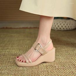 Dress Shoes Wedge Heel Sandals Women's Summer All-match Fashion One-word Buckle Fairy Style High-heeled