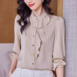 Women's Blouses Office Lady Real Silk Shirt Spring Summer Elegant Shirts Fashion For Women Long Sleeve Ruffles Solid Blouse Tops