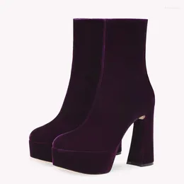 Boots Purple Velvet Round Toe Chunky Heel Platform Booties For Women Sexy Classic Slip On Fashion Casual Shoes Autumn Spring In