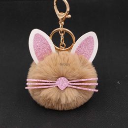 Keychains Lanyards Fashion Cute Plush Pompom Cat Head Keychain Fluffy Rabbit Fur Ball Animal Key Chain Accessories Trinket Car Bag Pendant Jewelry