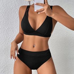 Women's Swimwear 2024 Sexy V-Neck Ribbed Bikini High Waist Swimsuit Women Black Push Up Female Bathing Suit Set Beachwear