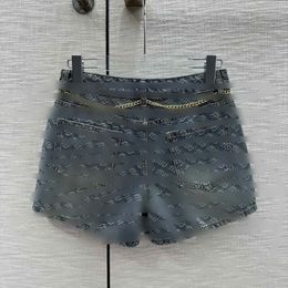 With belt summer new waist chain full print letters denim shorts female high-waisted small thin show leg long hot pants
