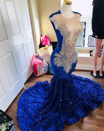 Scintillanti abiti da ballo di sirena blu reale per ragazza nera 2024 paillettes al collo trasparente per tallone di strass cristallini più size vestidos abiti da festa di compleanno 0528