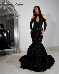 Party Dresses Black Ruched Flowers Train Sequined Lace Prom Dress Evening Elegant Luxury Celebrity Sexy Cut Out Formal Occasion