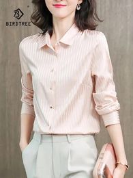 Women's Blouses Birdtree 2024 Autumn Elegant Style Casual Blouse For Women 92%Mulberry Silk 8% Spandex Long Sleeve Shirt T39841QC