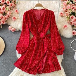 Casual Dresses Sexy V Neck Polka Dot Print Chiffon Dress 2024 Long Sleeve High Waist Ruffles Beach Mini For Women Summer