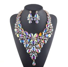 Earrings Necklace Luxury Rhinestone Bridal Set Crystal AB Colour Aurora Evening Party Jewellery Drop Water Flower Style2572278