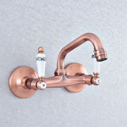 Kitchen Faucets Antique Red Copper Washbasin Faucet Wall Mounted Sink Swivel Spout Bathroom Basin Cold Water Taps Dsf869