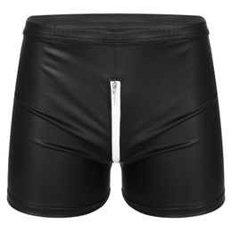 Men Sexy Lingerie Panties Zipper Crotch Faux Leather Boxer Low Rise Elastic Waistband Shorts Nightclub Stage Performance Costume 240410