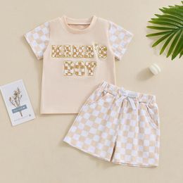 Clothing Sets Toddler Kids Baby Boy Shorts Outfit Fuzzy Letter Embroidery Short Sleeve Tops With Checkerboard Pattern Summer Clothes