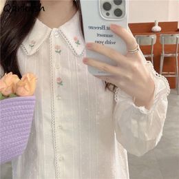 Women's Blouses Students White Shirts Women Kawaii Girls Spring Long Sleeve Japanese Style Lovely Embroidery Design Retro Cotton Soft Cosy