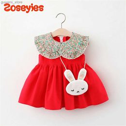 Girl's Dresses Summer Baby Girls Dress New Floral Doll Collar Splice Sleeveless Daily Dress with Rabbit Bag Y240415Y240417XBTW