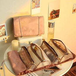 Cosmetic Bags 2024 Women Bag Foldable Nylon Rope Makeup 4PCS In 1 Zipper Mesh Separable Cosmetics Pouch Ladies