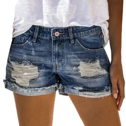 Summer Denim Shorts Women Fashion Ripped Hole Rolled Jeans pants With Pockets Streetwear Female Casual 240415