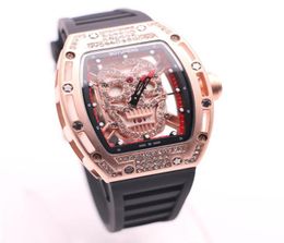 BOYUHENG 43MM Gold Diamond Hollow Skull Skeleton Dial Red Two Hands Mens Watches Transparent Quartz Battery Movement Watch Wristwa4957715