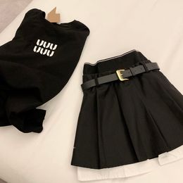 Letters Women Skirt T Shirt Dress with Belt Fake Two Piece Pleated Skirt Luxury Designer Sexy Short Skirts Casual Daily Street Style Skirts Tops Outfit