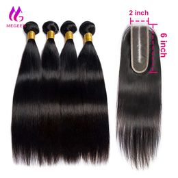 Megeen 2X6 Transparent Real Hd Lace Closure With Bundles Human Hair Straight Brazilian 34 And SewIn 240401