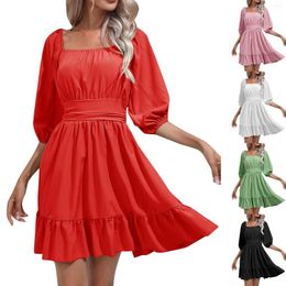 Casual Dresses Women A Line Dress Beach Half Lantern Sleeve Square Neck Ruffled Hem Short Solid High Waist Backless Strappy Mini