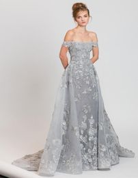 2023 Off the Shoulder Silver Evening Dresses With Overskirt Organza with 3d Floral Appliques Beaded Sweep Train Formal Prom Gowns3431770