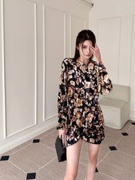 Casual Dresses 2024 Elegant And Pretty Women's O Neck Long Sleeve Vintage Print Velvet Mini Dress