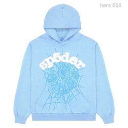 Sp5der 555555 Womens Angel Number Puff Pastry Printing Graphic Web Sweatshirts Streetwear Top Light Blue