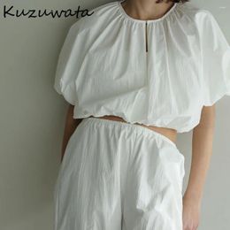 Women's Blouses Kuzuwata Simple O Neck Raglan Sleeve Cloud Shirt Casual All-match Ruched Elasticity Solid Japan Moda Elegant Blusas