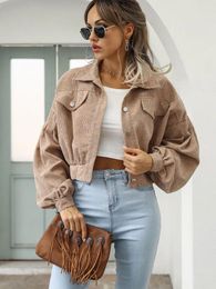 Women's Jackets Spring For Women 2024 Lantern Sleeve Crop Bomber Jacket Button Outwear Fashion Black Vintage Corduroy Autumn Over Coats