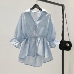 Women's Blouses 2024 Spring Korean Style Chiffon Oversized Ruffled Shirt Tops V-neck Waist Lace Up Loose Shirts For Summer