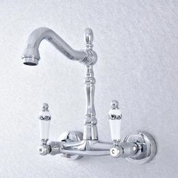 Bathroom Sink Faucets Polished Chrome Brass Wall Mounted Kitchen Basin Faucet Dual Handle Swivel Spout Cold Water Tap Lsf773