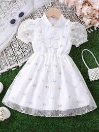 Girl's Dresses Girls Summer New Product Elegant Retro Chinese Style Dress Chinese Plate Button Lace Bubble Sleeve Dress Y240415