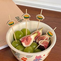 Forks 100 Pcs 12cm Fruit Fork Bamboo Disposable Cartoon Hamburger Pattern Stick Toothpicks Cocktail Buffet Cake Decor Home Supply