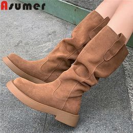 Boots ASUMER 2024 Pleated Cow Suede Leather Western Ladies Slip On Platform Knee High Square Med Heels Autumn