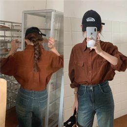 Women's Blouses Shirt Women Polo Collar Casual Large Pocket Corduroy Long Sleeved Top Short Age Reducing College Style Solid Colour Slim Fit