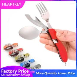 Dinnerware Sets Tablespoon Set 4 In 1 Outdoor Camping Utensils Cutlery Foldable Spoon Knife Fork Bottle Opener Stainless Steel Tableware