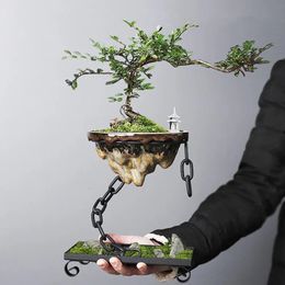 Succulent Planter Pot Simulation Rockery Iron Bonsai Planter Chain Suspension Hanging Type Flowerpot CircleSquare Base Decor 240409