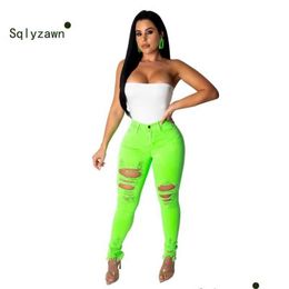 Women'S Pants & Capris Xxl Neon Green Orange Y High Waist Jeans Women Stretchy Holes Casual Denim Trousers Streetwear Plus Size Penci Dhuci