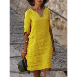Basic & Casual Dresses Eotvotee Cotton Linen Dress 3 Quarter Vintage V Neck Loose Waist Midi Beach Women Clothing Green Blue Yellow R Dh81G