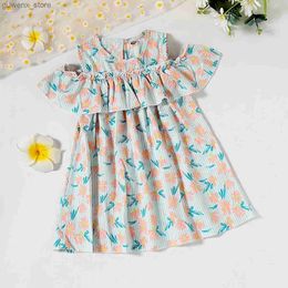 Girl's Dresses Kids Girl Daily Dress Flower Print Shoulder Leakage Dresses Summer Fashionable Sand Casual Clothes for Children Girl 1-6 Years Y240415Y240417T7V1