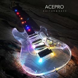 Guitar New Arrive Acepro LED Light Electric Guitar Acrylic Body Colorful LED Transparent Pickguard Knobs 3 Single Pickups Maple neck