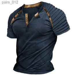 Men's T-Shirts Retro button V-neck navigation T-shirt short sleeved Gothic Henry shirt mens oversized top T-shirt mens punk street clothing yq240415