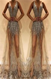 2019 New Arrival Illusion Long Prom Dresses Deep VNeck Beads Sequined Party Gowns See Through Chic Evening Dress Custom Made Robe2042874