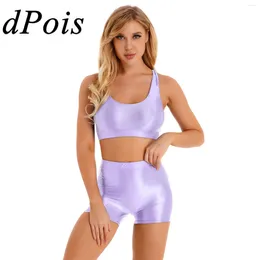 Women's Swimwear Women Two Pieces Suits Glossy Swimsuits For Woman Sleeveless Tank Top With Shorts Sets Sports Fitness Gym Mujer