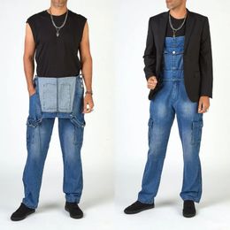 Mens Multi-Pocket Denim Romper Ripped Cargo Denim Trousers Autumn Fashion Jeans Mens Workwear Straight Strap Jeans 240411