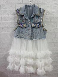 Women's Vests Diamonds Beaded Ripped Denim Vest Summer Ruffles Mesh Splicing Rivets Gauze Patchwork Pleated Jeans Waistcoat Cowboy Cardigan