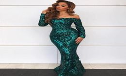 2020 New Sexy Emerald Green Gold Sequins Mermaid Evening Dresses Wear Off Shoulder Lace Sequined Long Sleeves Prom Dress Formal Pa9402671