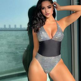 Women's Swimwear Glitter Patchwork Swimsuit Sparkling Sequin Monokini With Lace-up Halter High Waist Backless One-piece For Beachwear