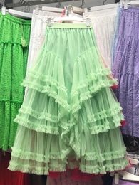 Skirts Tulle Women Korean Fashion Pleated Maxi Skirt Girl Mesh Jupe Solid Color Mujer Faldas Ladies Elastic Waist Dropship