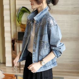 Blue Short Sequin Pocket Denim Jacket Womens Casual Spring Autumn Loose Fashion Jeans Women Long Sleeve Coat 240415