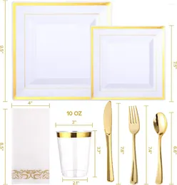 Disposable Dinnerware 350pcs Gold Set For 50 Guests Square Plastic Plates Rim Heavy Duty Dinner